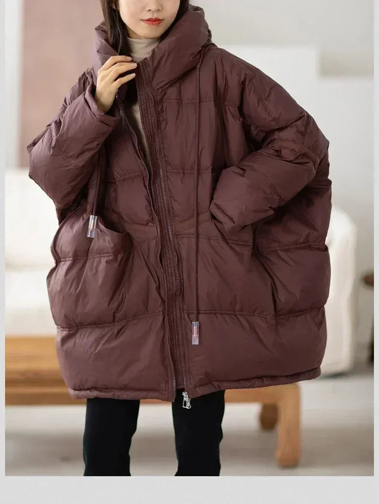 2024 New Winter Women 90% White Duck Down Jacket Casual Loose Over Size Warm Parka Female Drawstring Hooded Puffer Coat
