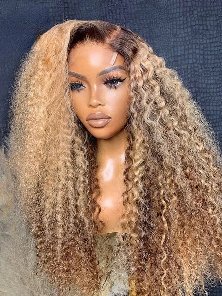 Ombre Brown Color Soft 26“Long Kinky Curly 180Density Lace Front Wig Synthetic For Women High Temperature Glueless Daily