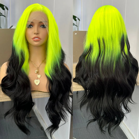 Long Wavy Body Wave Neon Green Black Ombre Wig Synthetic Free Part 13X4 Fluorescent Colored Wigs for Women Party Cosplay Costume