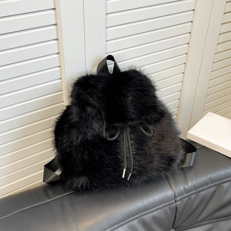 Winter Soft Plush Ladies Schoolbag Solid Color Female Furry Shoulder Bags Handbags Fashion Luxury Fake Fur Women's Backpack