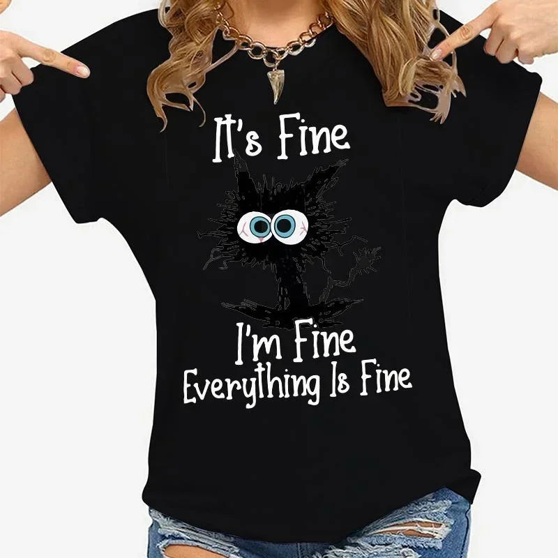 Women Clothes Cat It's Fine I'm Fine Everything Is Fine Print T-shirts Summer Casual  Fashion Personalized Woman Clothing