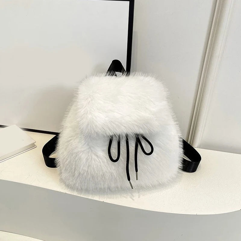 Winter Soft Plush Ladies Schoolbag Solid Color Female Furry Shoulder Bags Handbags Fashion Luxury Fake Fur Women's Backpack