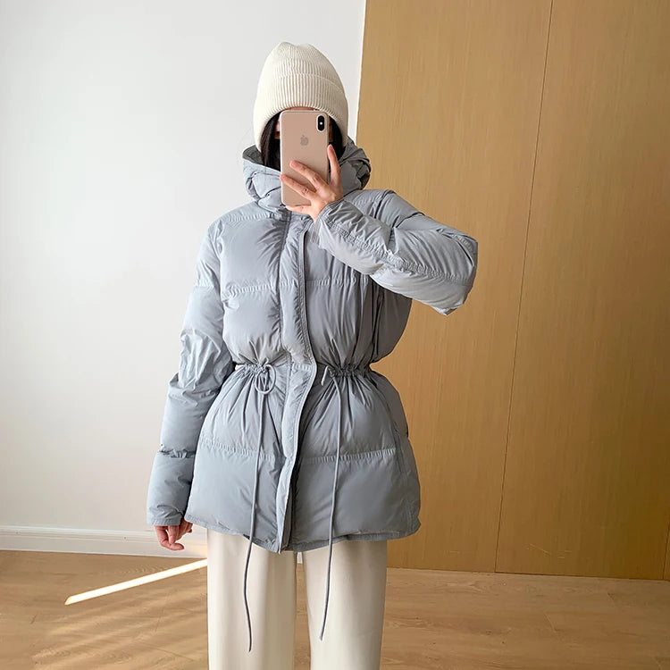 2023 New Autumn Winter Women Fashion Hooded 90% White Duck Down Coat Lady Slim Thick Warm Zipper Drawstring Lace-up Snow Jacket
