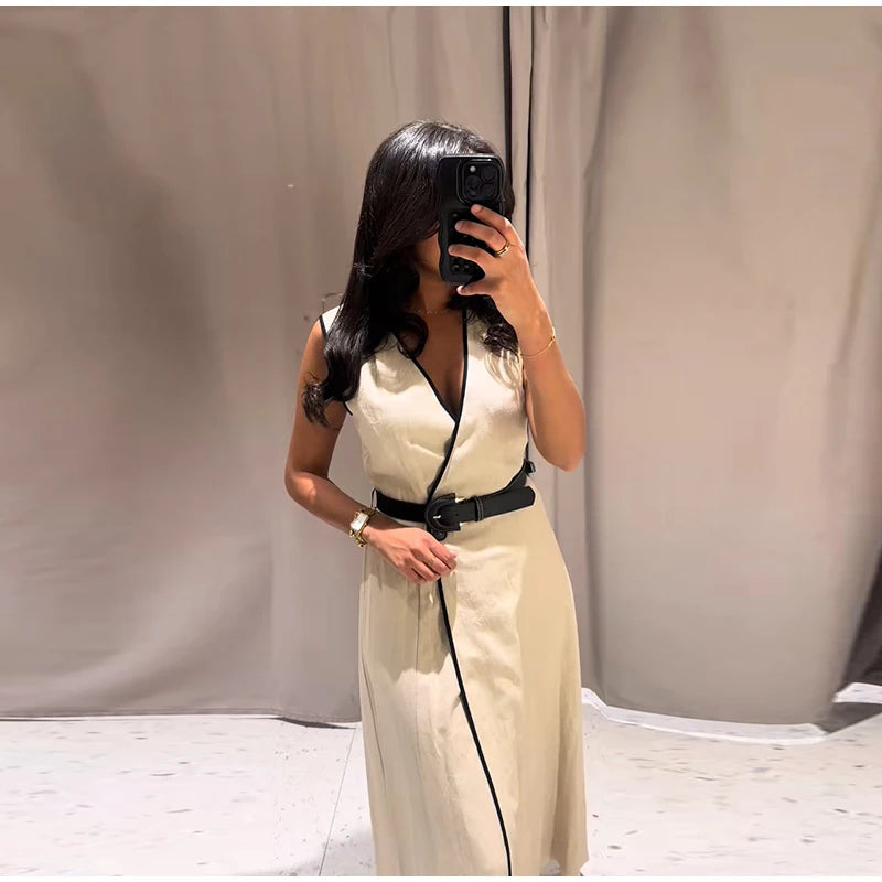 Y2K Patchwork V-neck Midi Dress With Belt Women Elegant Sleeveless Evening Party Tank Dress Summer Vacation Chic Beach Vestidos