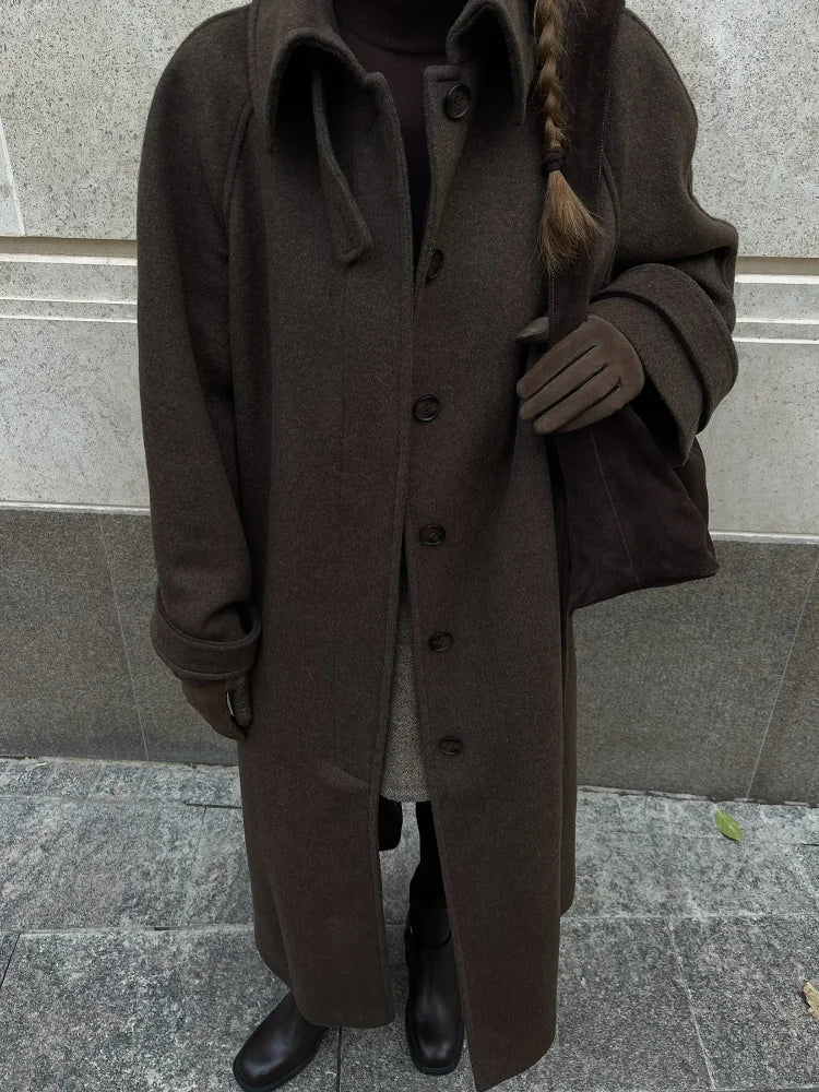 Stand Collar Single Breasted Woolen Lace Up Long Overcoat Women Elegant Full Sleeves Button Pockets Coats New Autumn Winter Tops