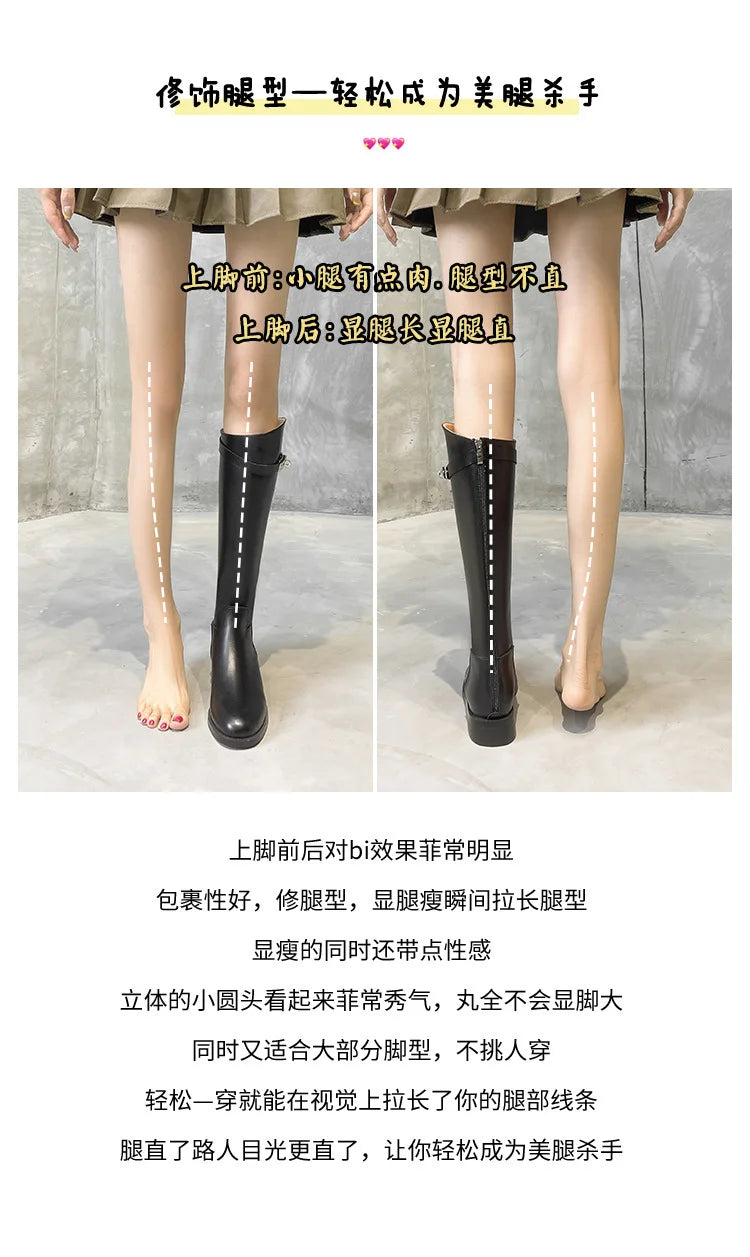 Genuine Leather Thick-Soled Autumn Winter New Style Chunky Heel Rhinestone Buckle High Tube Riding Over-The-Knee Long Boots
