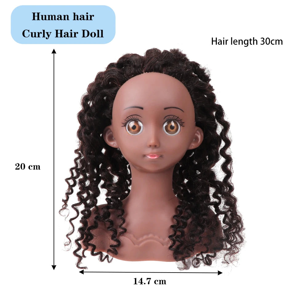 Real Human Hair Mannequin Head With Stand Afro Curly Hair Doll Manikin Head For Black Girls Gifts Practice Hair Styling Head