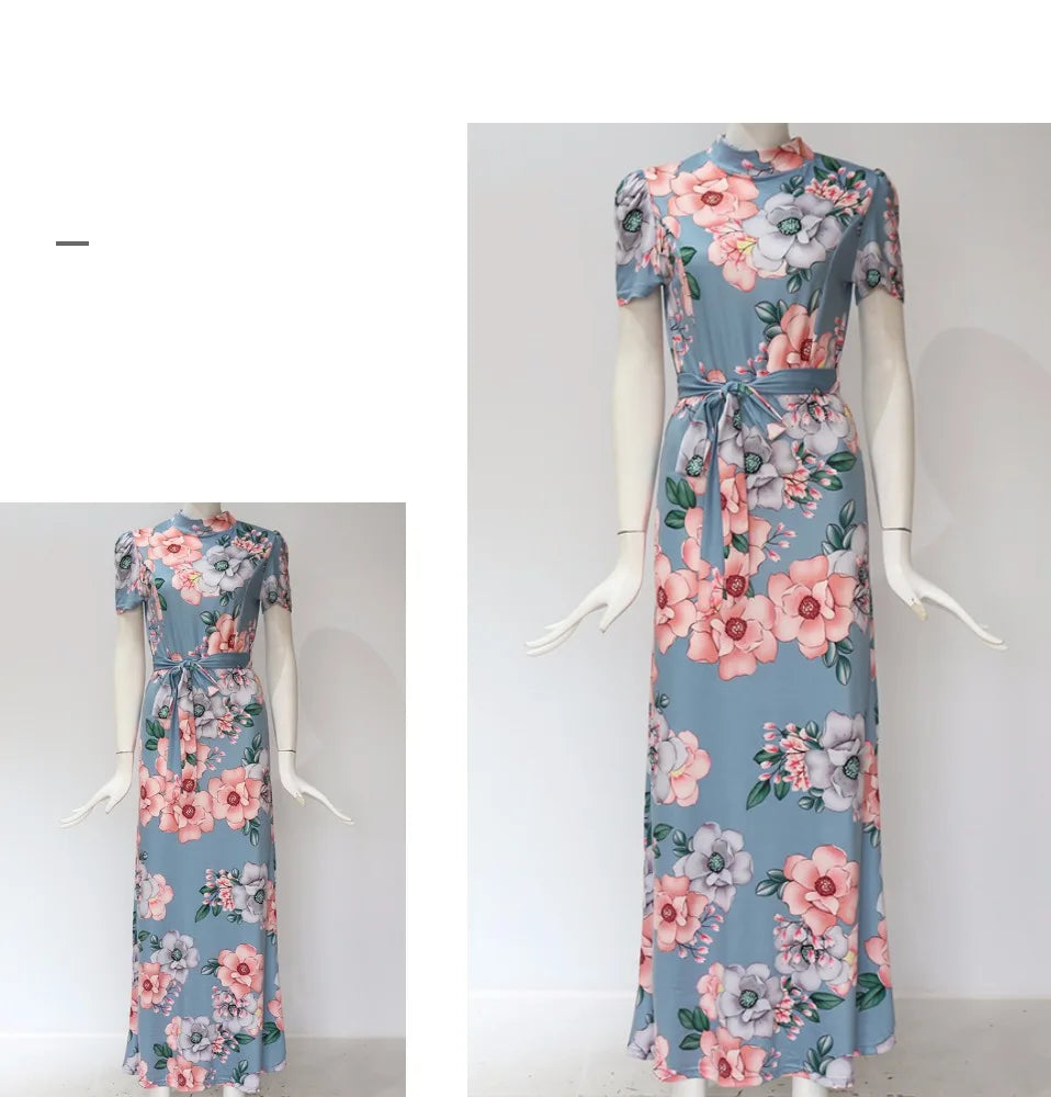 Women Summer Maxi Dress 2025 Casual Long Sleeve Boho Floral Print LOOSE Dress Turtleneck Bandage Elegant Party Dresses Vestidos