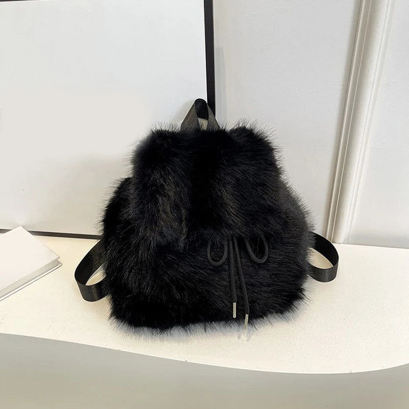 Winter Soft Plush Ladies Schoolbag Solid Color Female Furry Shoulder Bags Handbags Fashion Luxury Fake Fur Women's Backpack