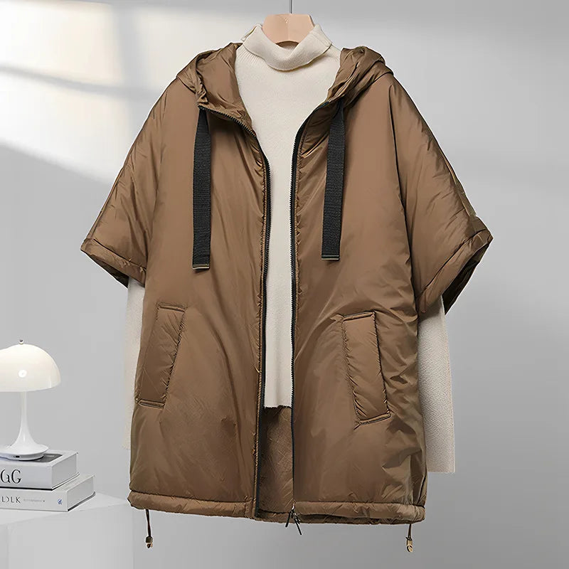 Schinteon Women Camel Down Cape Vest with Hood Loose Sleeveless Gilet Solid Fashionable Autumn Winter Jacket 2025 New