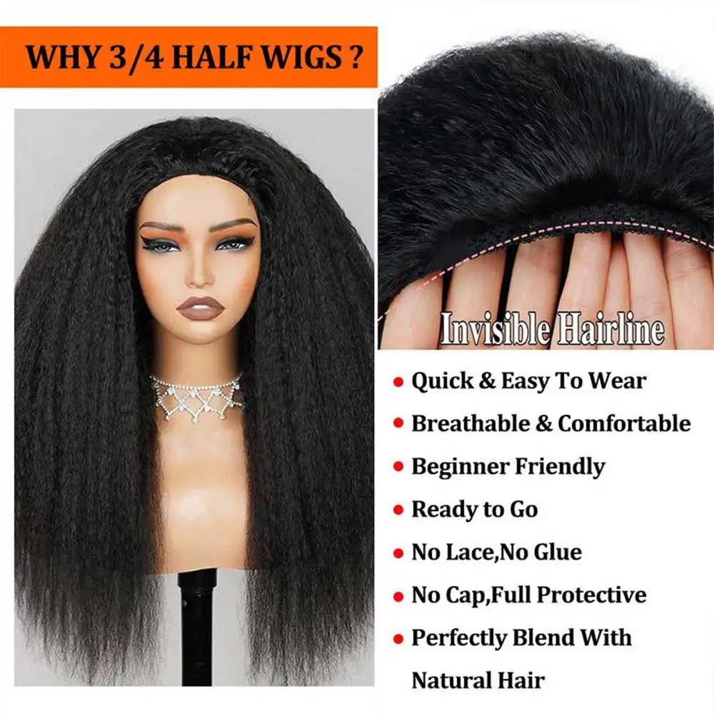 ﻿ Kinky Straight Half Wig Human Hair Ready to Wear 3 IN 1 Half Wig Human Hair Glueless Wig Drawstring Yaki Straight Half  Wig