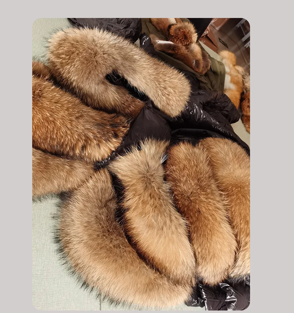 Maomaokong 2022 Women Winter Black Loose Long Down Jacket  Real Fox Fur Collar Hooded Fashion Waterproof Female Extra Large Coat