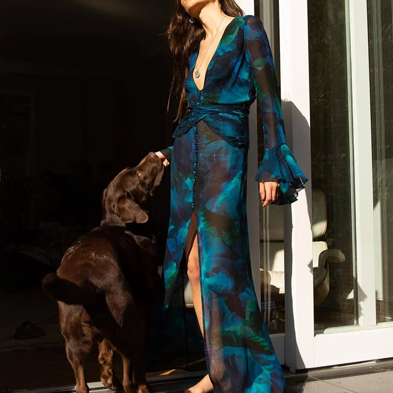 Show Style Floral Print Maxi Slim Dress Women Luxury Deep V-Neck Chiffon Party Dress 2025 Spring Elegant Long Sleeve Slit Dress