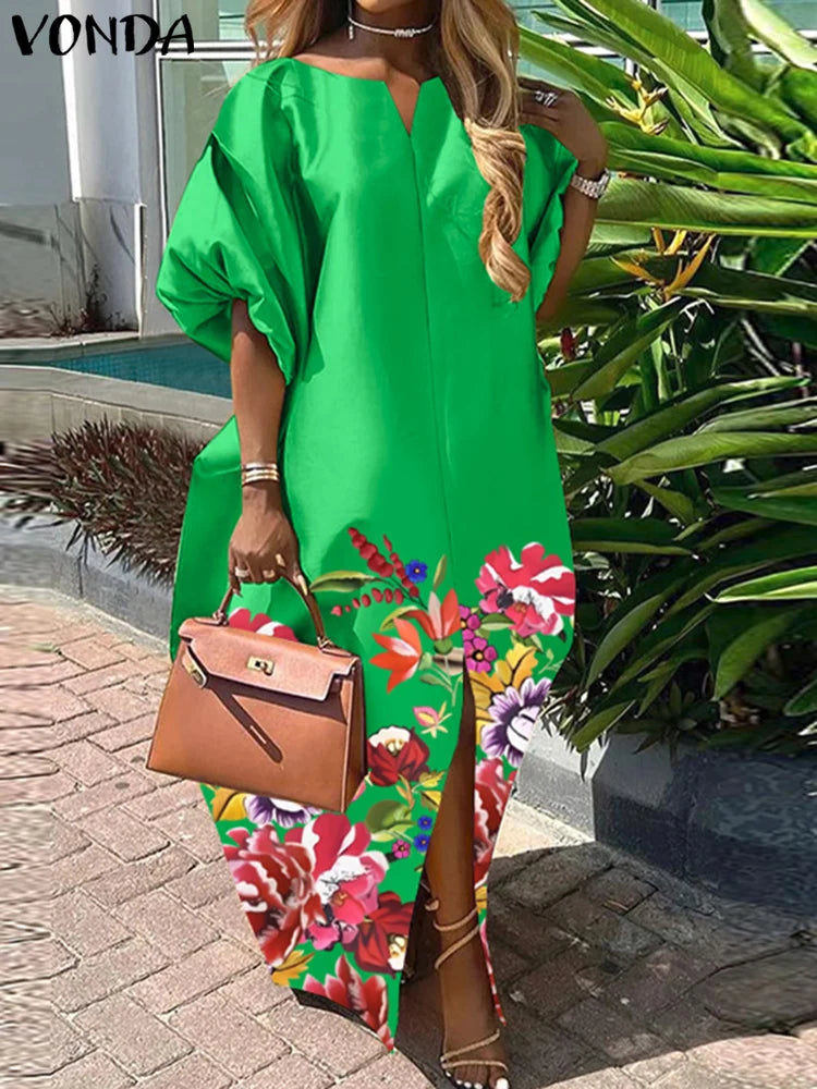 Bohemian Maxi Long Dress 2025 Women Satin Silk Sundress Elegant Summer Half Sleeve V Neck Vestidos Oversized Casual Loose Robe