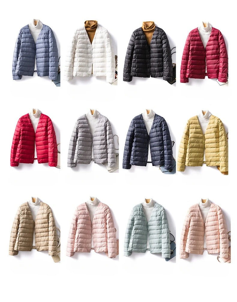 Light Down Coat Women Liner Duck Down Jacket O-neck Variable V-neck New Female Winter Collarless Ultralight Quilted Puffer Coat