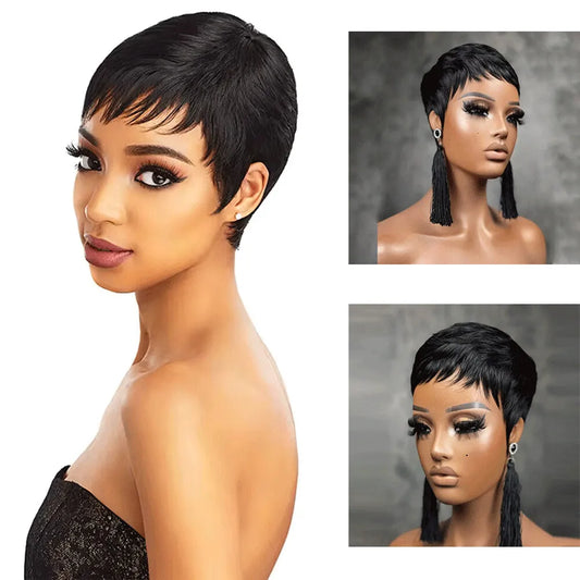 Short Pixie Cut WIgs Straight Brazilian Human hair Wigs with Color Black and Red Full Machine Made Wigs For Women On Sale