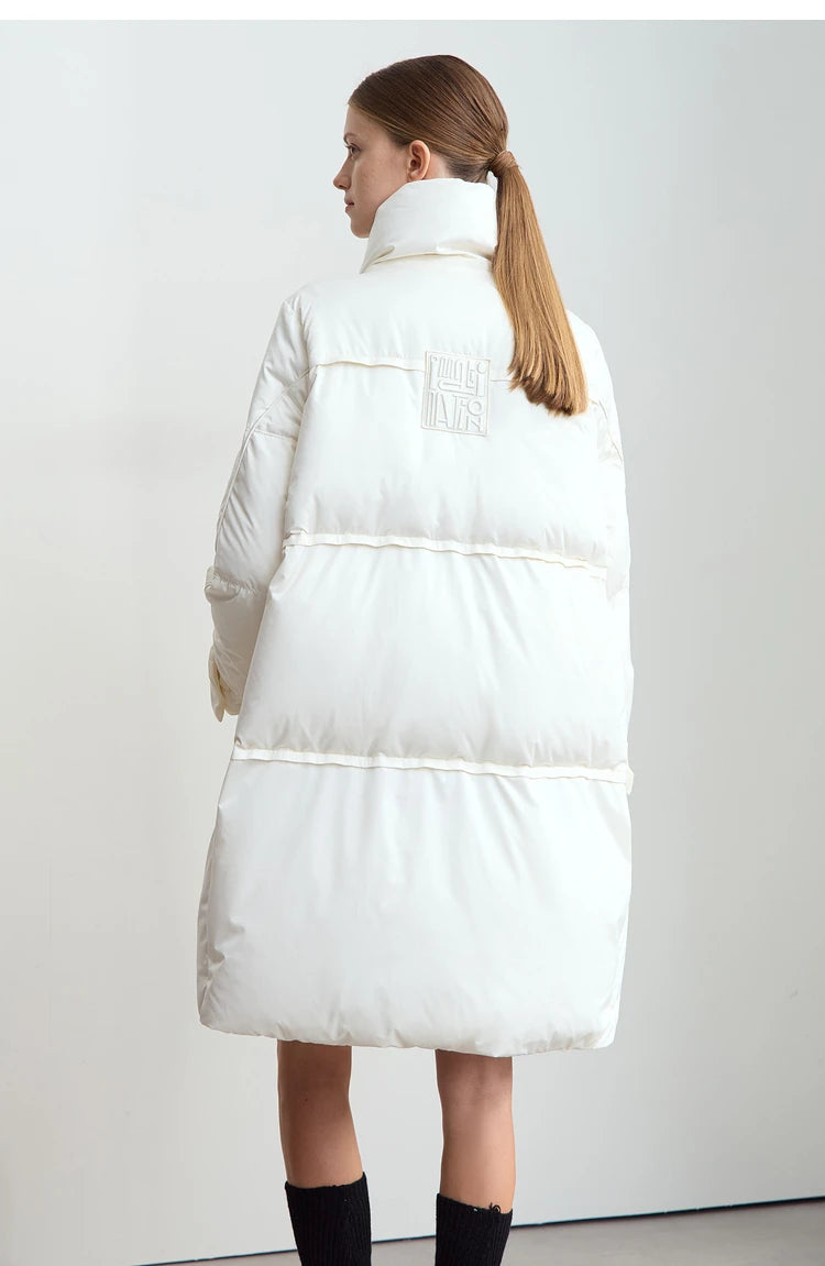 Amii 2024 Winter New Women's Velcro Loose Coat Top Warm Stand-up Collar Letter Embroidered Seal Zipper Down Jacket 12444103