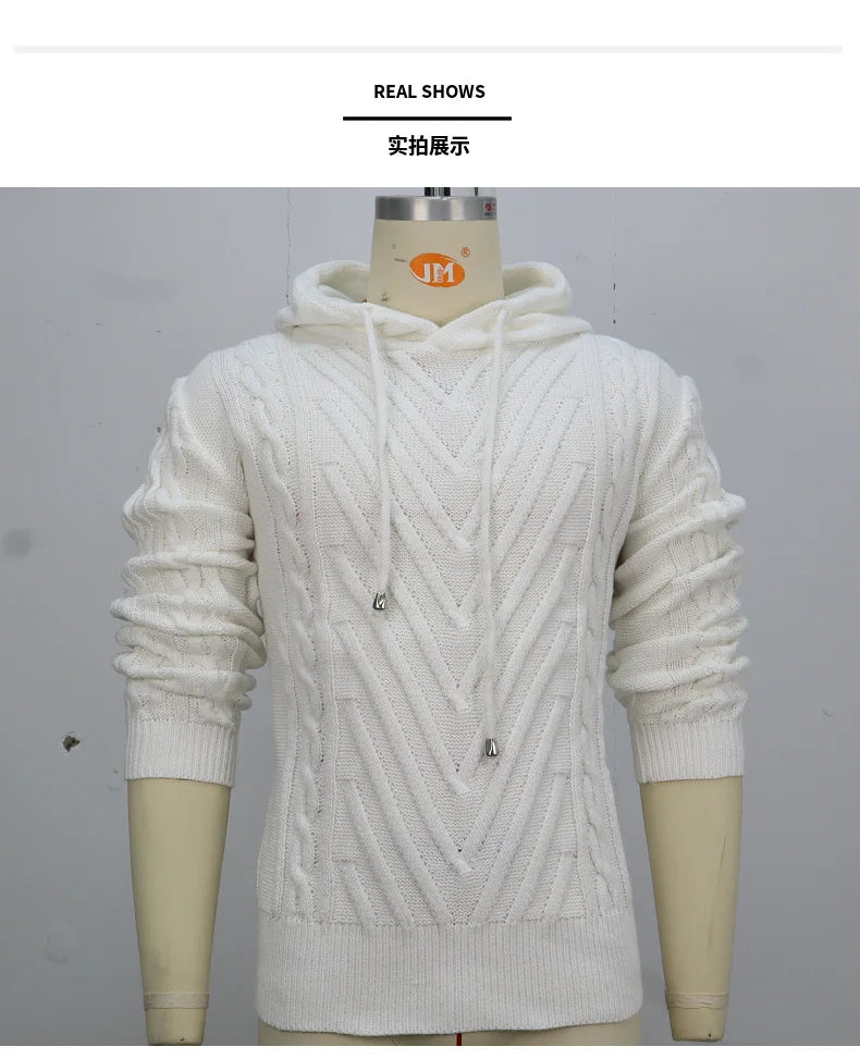 Sweatshirts Men Pullovers Sweaters Solid Casual Loose Splice Hooded Knitted Regular Thick Warm Tops Autumn Winter 2024