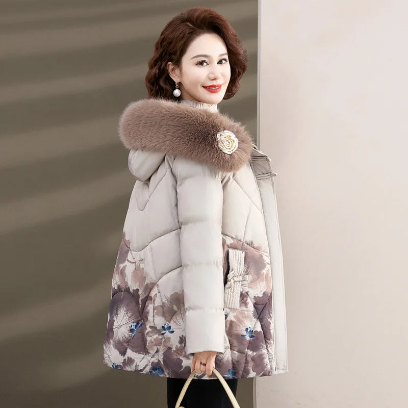 Women's Clothes Middle Aged Women Winter Jacket Long Warm Parkas Female printing Coat Thicken Cotton Padded Hooded Jacket