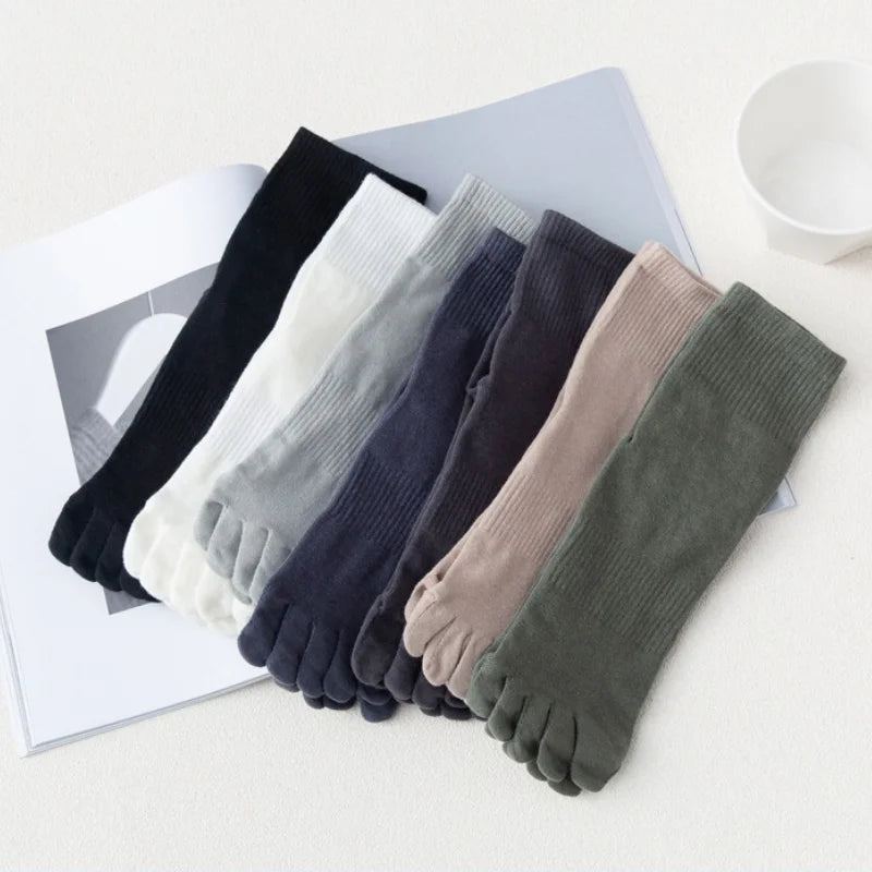 Men's Cotton 5 Toe Socks Mid Cuff Anti Odor Sweat Wicking Non Slip for Spring Autumn Casual Athletic Solid Color Daily Comfort