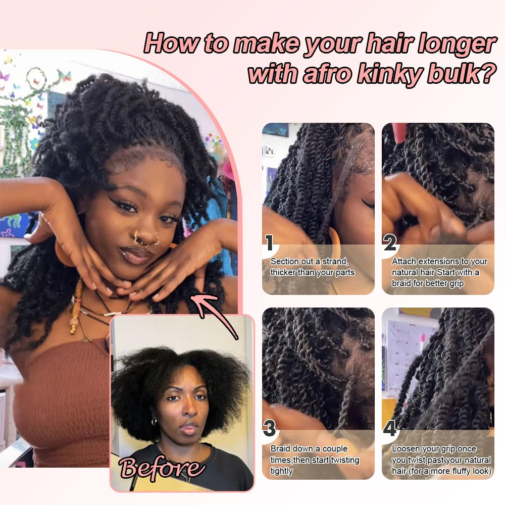 Snwprin 16 Inch Afro Kinky Bulk Natural Color 4C Human Hair For Braiding Brazilian Hair 100% Human Hair For Dreadlock Extensions