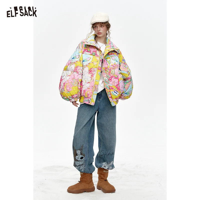 ELFSACK 2024 Winter New Arrivals Stand collar loose full printed short down jacket for women