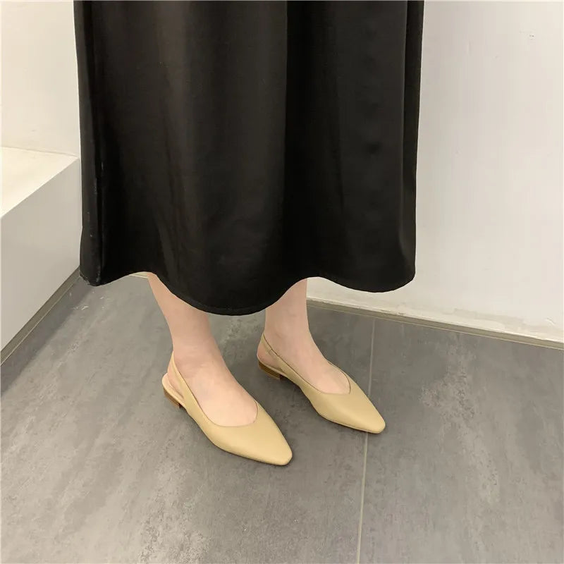 Elegant Slingback Flat Sandals Women Solid Leather Pointed Toe Shoes Summer Ladies Rear Strap Sandalias Low Heel Mary Janes 2025