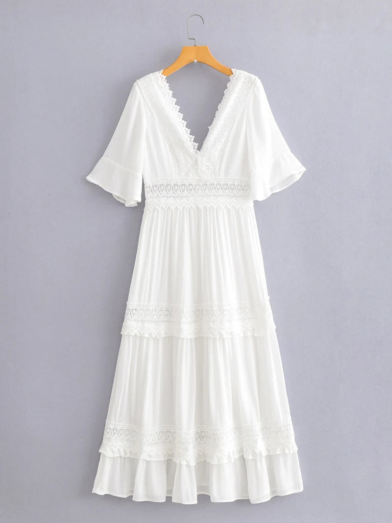 Summer White Maxi Dress for Women 2025 Lace Bohemian V-neck Solid Ruffles Beach Cover Up Wedding Party Vestidos