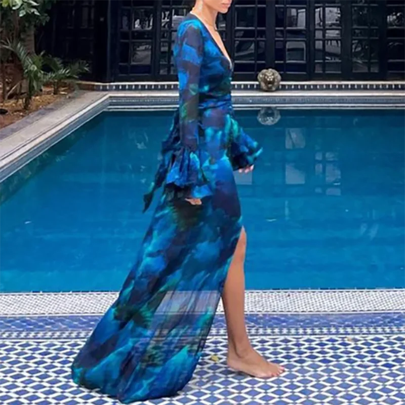 Show Style Floral Print Maxi Slim Dress Women Luxury Deep V-Neck Chiffon Party Dress 2025 Spring Elegant Long Sleeve Slit Dress