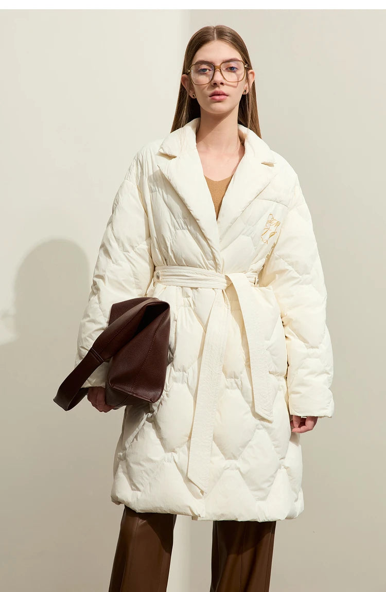 AMII Minimalism Down Jacket For Women 2025 New Blazer Collar Winter Lightweight Thermal Belt Diamond Solid Coat Female 12344061