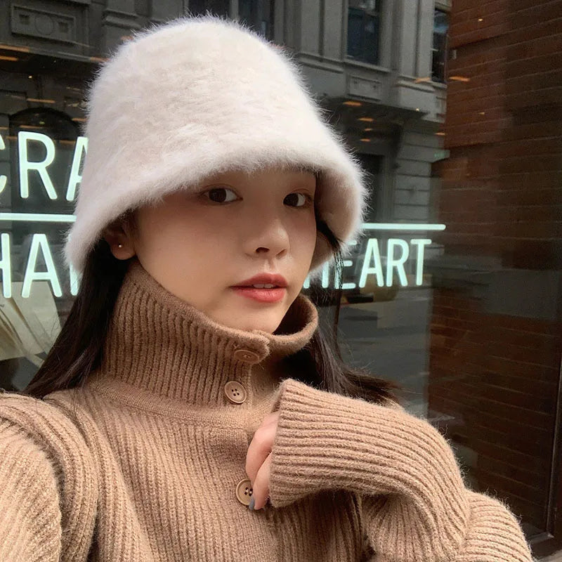 Winter Rabbit Fur Bucket Hat Women Korean Solid Color Warm Fisherman Cap Autumn Thicken Plush Female Windproof Hats
