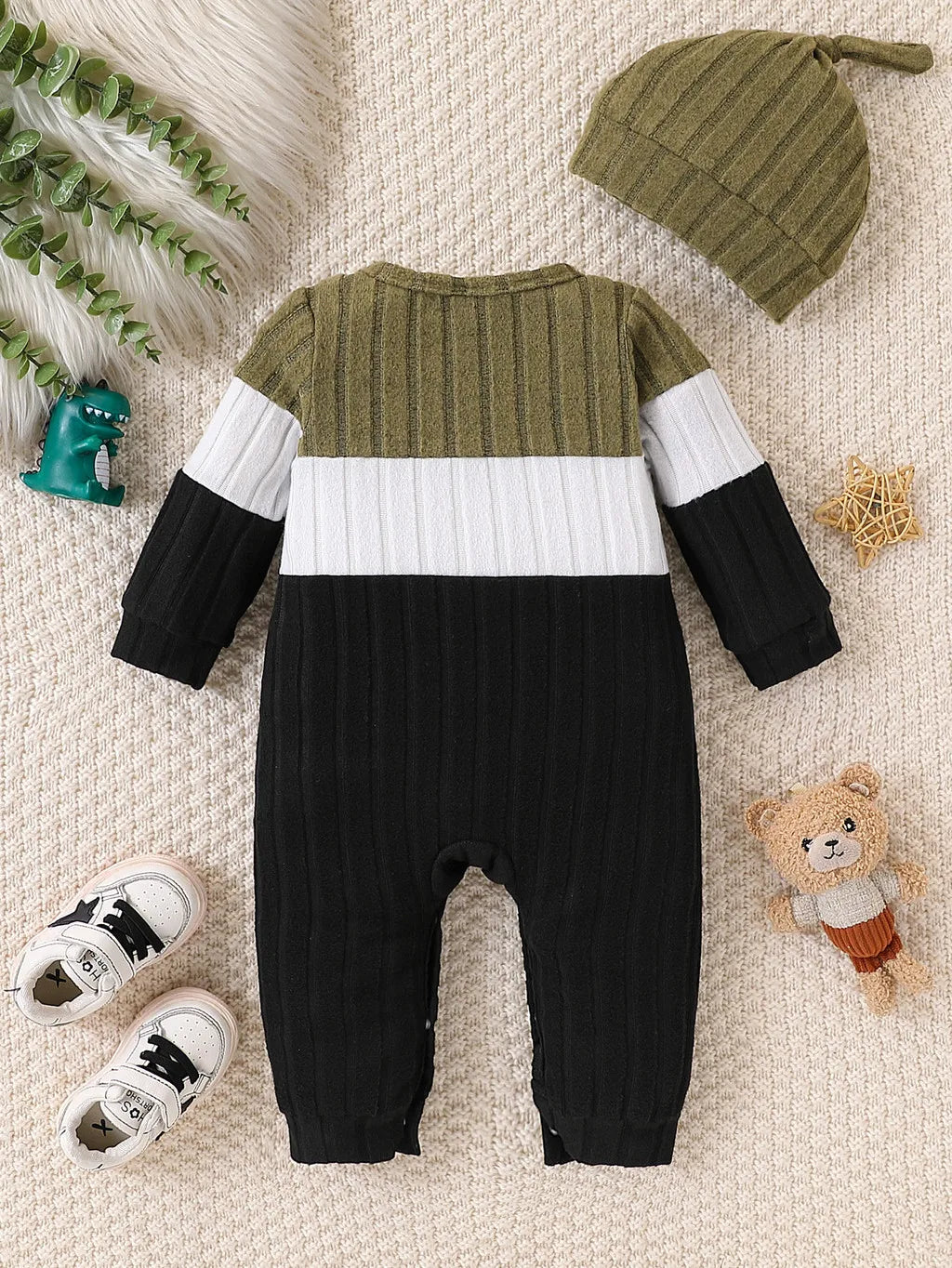 3 Colours Autumn Bodysuits Newborn Baby Boy Long Sleeve Colour Block Romper+Hat Simple Onesie Jumpsuit for Toddlers 1-18Months