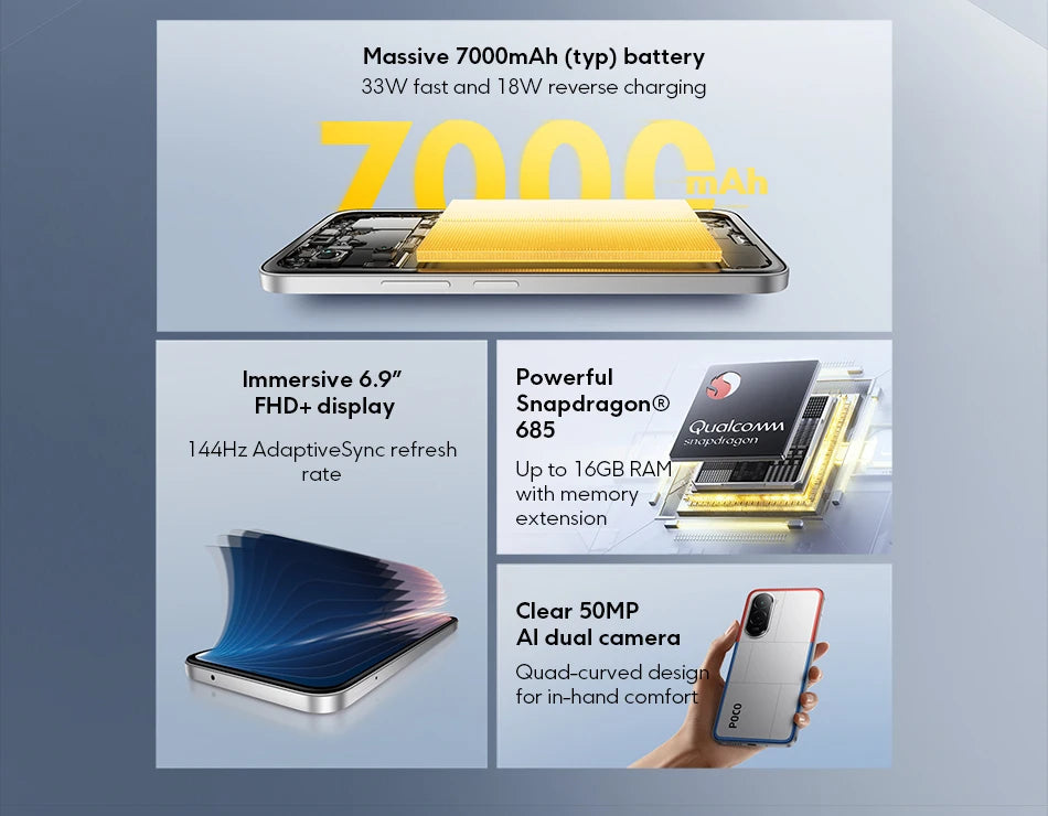 POCO M7 Global Version Snapdragon 685 Smartphone 6.9" 144Hz FHD+ DotDisplay 50MP Camera 7000mAh Battery 33W Fast Charging NFC