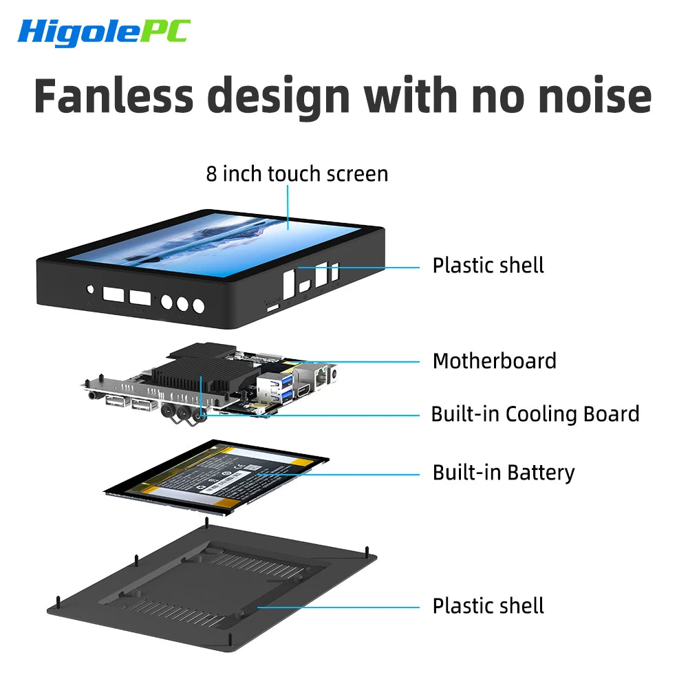 Higole F3APL 8'' Fanless Mini PC with Screen Intel N4200 Windows 10 WiFi5 4GB 64GB 2340mAh 4K Laptop Desktop PC Mini Computer