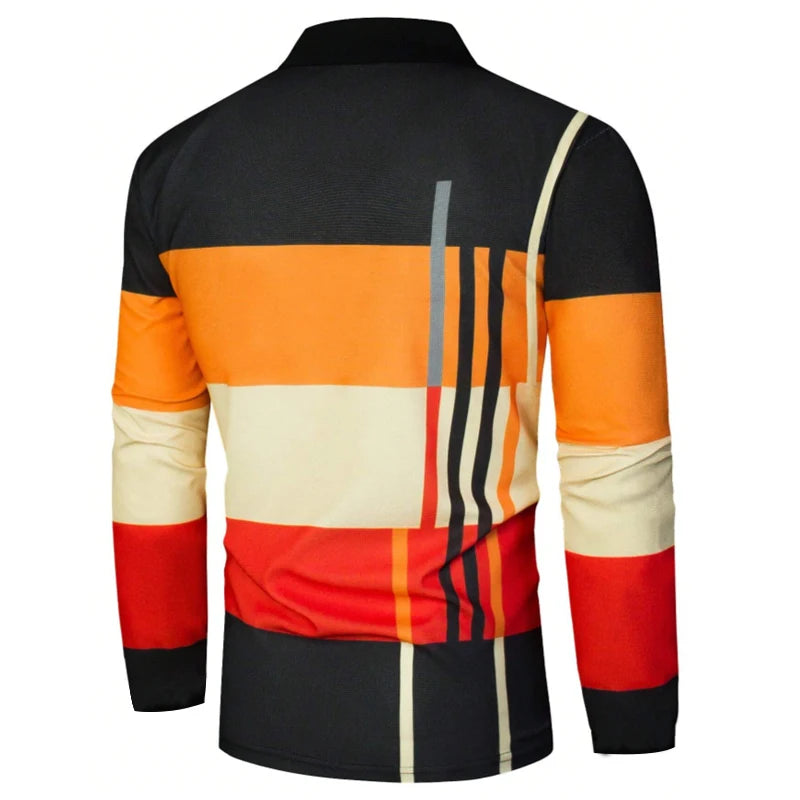 New Men Clothes Spring Autumn Long Sleeve 3D Digital Print Spell Color Polo Shirt Men Slim Fit Lapel Golf Polo Shirt Tops