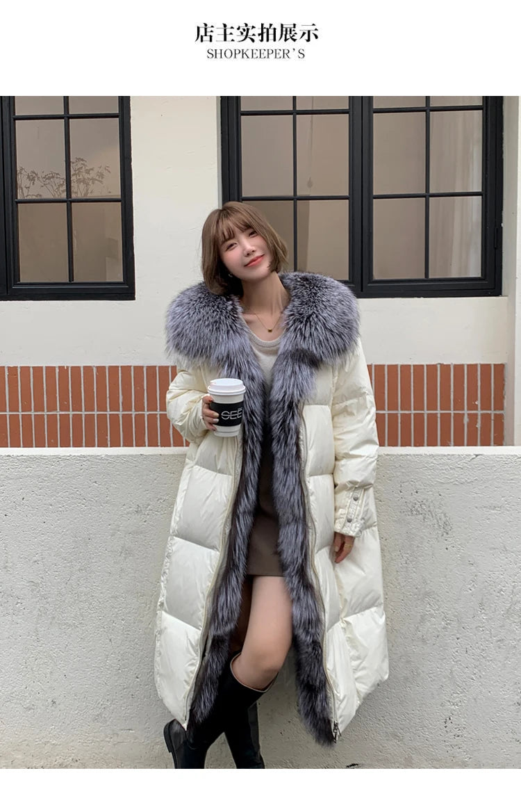 2025 New Winter Women Warm Coat 90% Goose Down Jacket Long Real Fox Fur Collar Thick Luxury Outerwear Female Coat Streetwear