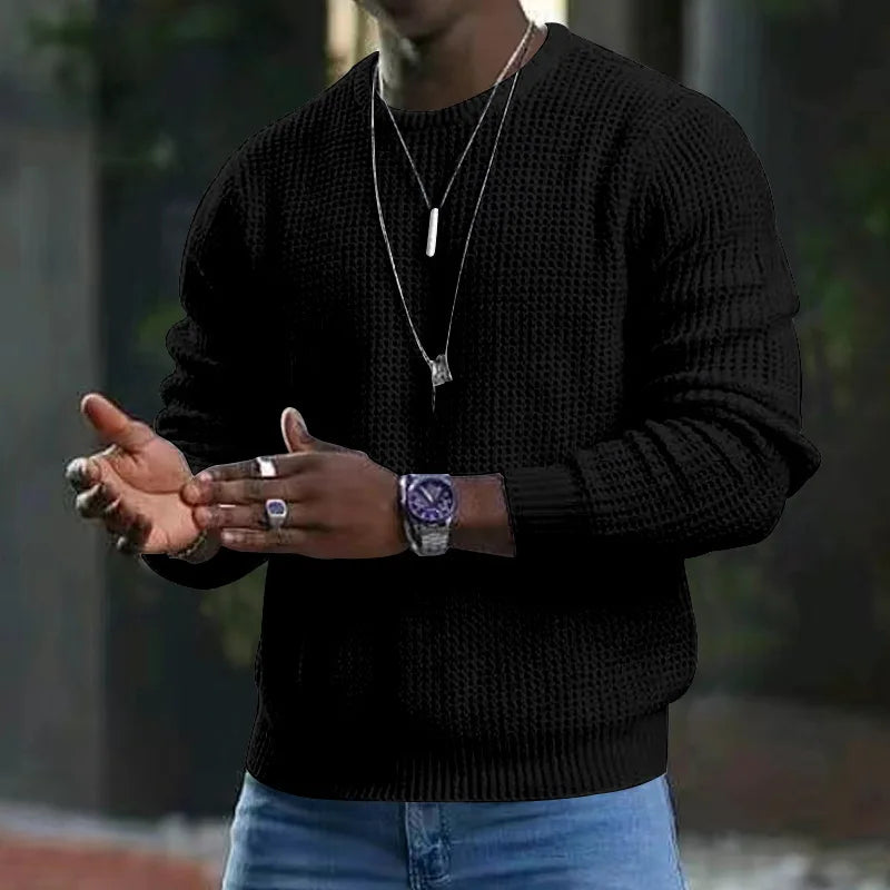 New 2025 Men's Waffle Knitted Sweaters Solid Loose Casual O-neck Pullover Tops Spring Autumn Long Sleeve Sweatshirt Male Sweater
