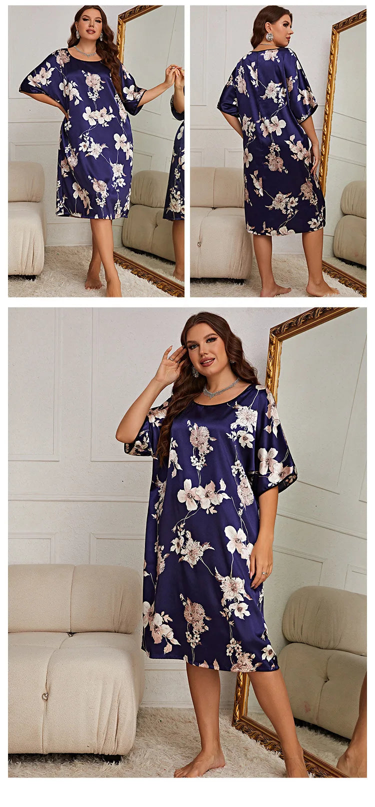 Plus Size Silk Satin Short Sleeves O Neck Women Nightgown Floral Print Sleepwear Nightwear Female Homewear Lounge Clothes
