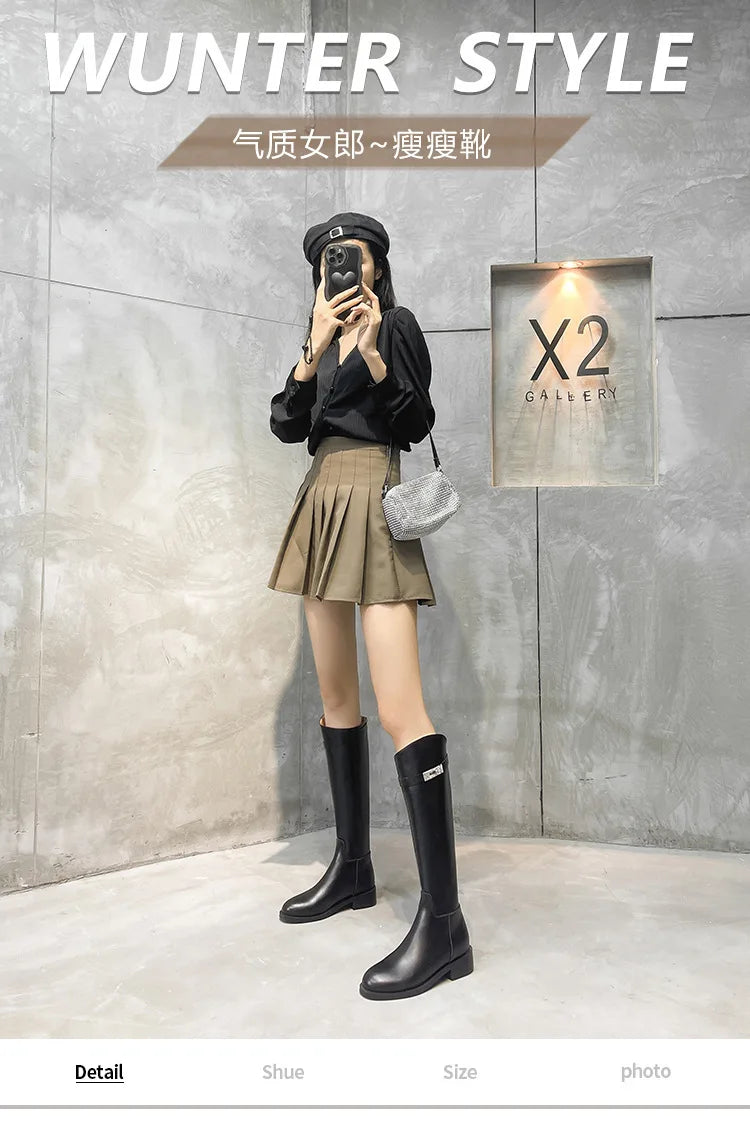 Genuine Leather Thick-Soled Autumn Winter New Style Chunky Heel Rhinestone Buckle High Tube Riding Over-The-Knee Long Boots