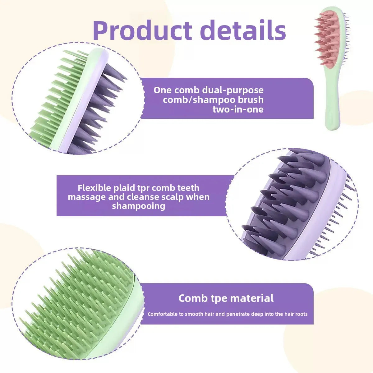 Hair Accessories 2-in-1  Massage Hair Brush, Detangling Comb for Scalp Care Comb for Double-sided Shampoo and Brush Hair Stuff