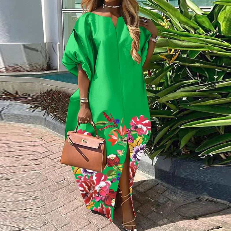 Bohemian Maxi Long Dress 2025 Women Satin Silk Sundress Elegant Summer Half Sleeve V Neck Vestidos Oversized Casual Loose Robe