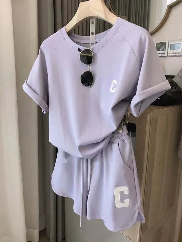 ﻿ 2 Piece Set Women Summer Loose Short Sleeve T-Shirt Casual Shorts Sports Print Letter Casual Suit Large Size Short Pajamas