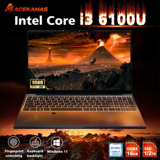 ACEKAMAS 15.6" Portable Laptop Computer Core i3 6100U Windows 11 Pro Gamer Notebook PC 16GB DDR4 1TB SSD Office Laptops Gaming