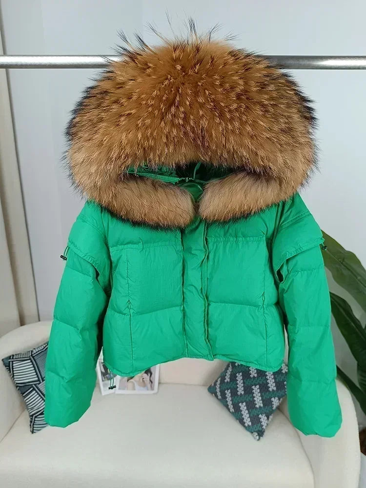 Outerwear Autumn Winter Women Hooded Fashionable Streetwear Detachable Sleeve Real Raccoon Fur Collar Jacket Duck Down Loose