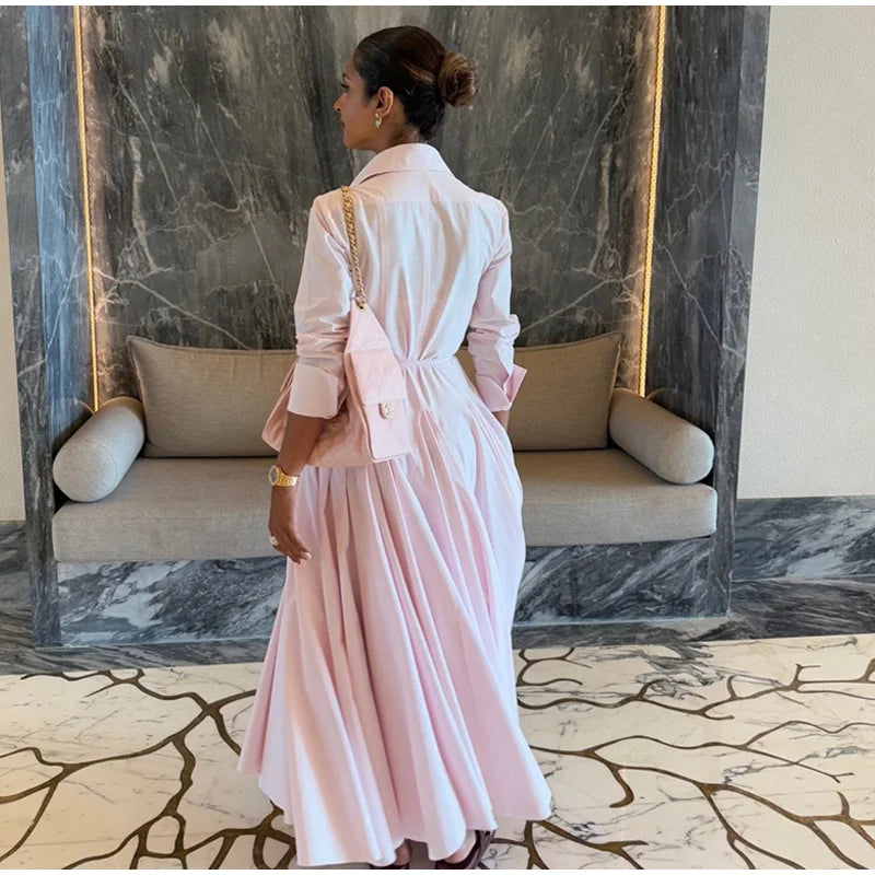 Elegant Single Breasted Khaki Long Dress Women Lapel Short Sleeve Pleat Slim Waist A-line Dresses 2025 Summer Autumn Lady Robes