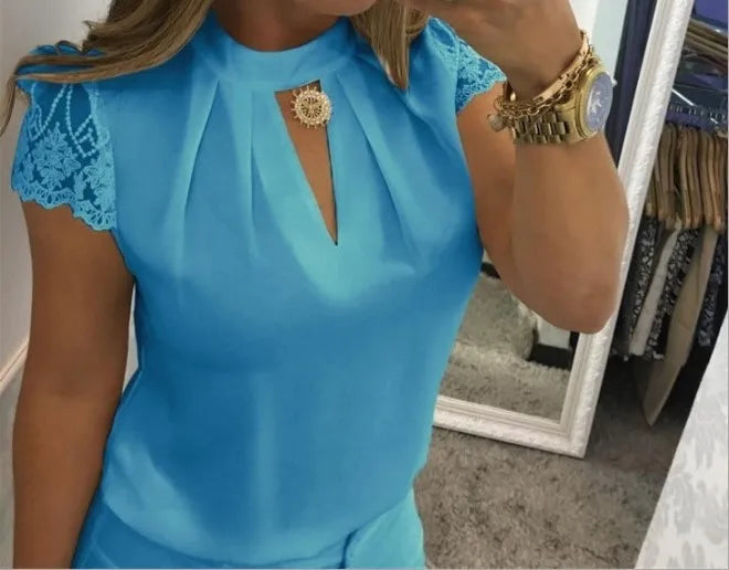 Women's Clothing Women Shirts Blouse high neck deep V-back zipper lace lace lace sleeve patchwork stand up collar shirt Blouses