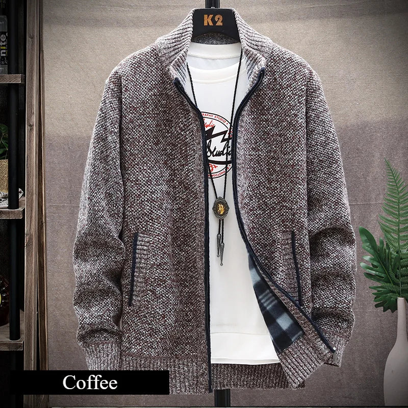 Knitted Cardigan Solid Color Sweater Men Zipper Autumn New Long-sleeved Jacket Warm Fleece Cardigans Jacket
