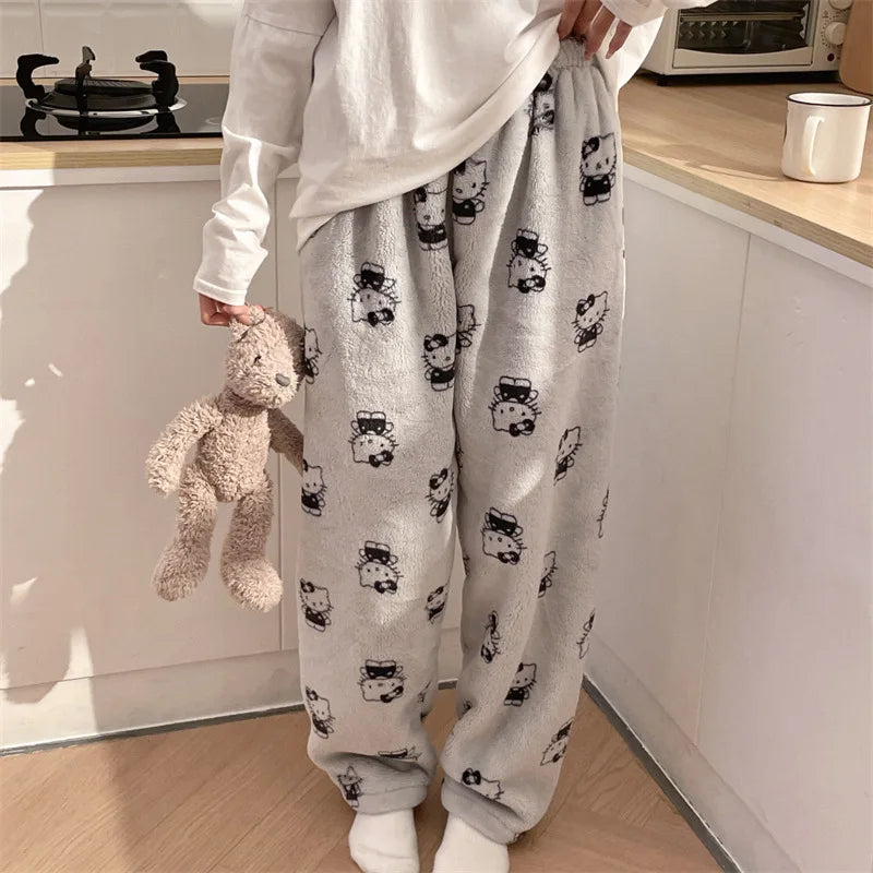 HelloKitty Warm Coral Velvet Sleepers Women's Flannel and Velvet Thick Pants Sleepwear Plush Large Home Pants