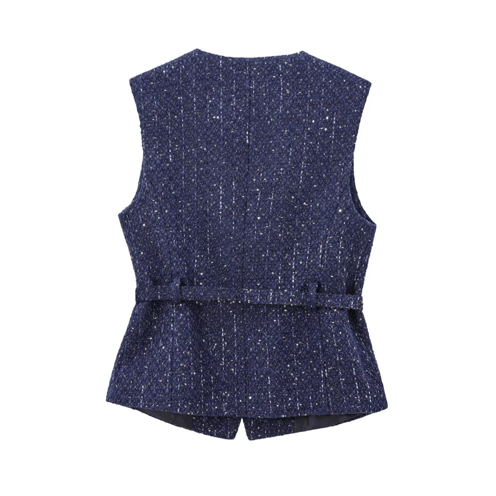 Women's Tweed Waistcoat with Belt, O Neck, Sleeveless, Front Button, Female Outerwear, Chic Tops, Fashion