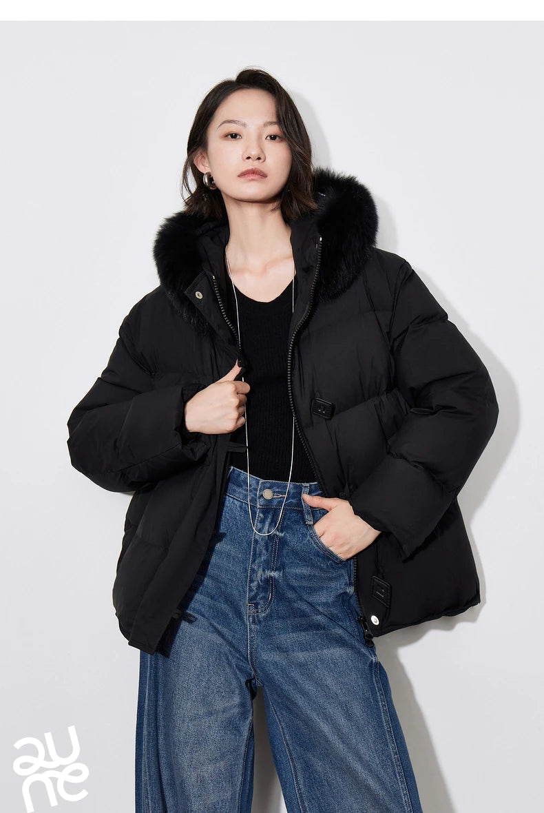 TOYOUTH Women Down Jacket 2024 Winter New 90% White Duck Down Fur Collar Hooded Warm Jacket Coat
